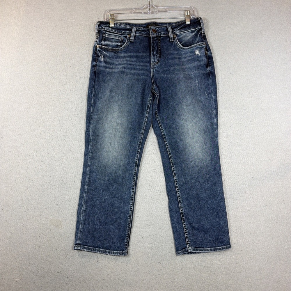Silver Jeans Co Suki Capri Dark Wash Stretch Denim Distressed Fading Size 32